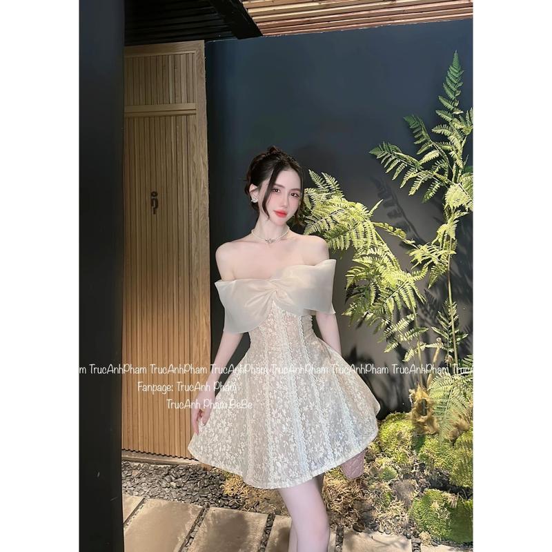 (Có BigSize) Đầm Váy Ren Trễ Vai Phối Nơ Xoắn Ngực Dáng Xòe UnihomeClothing CQ153