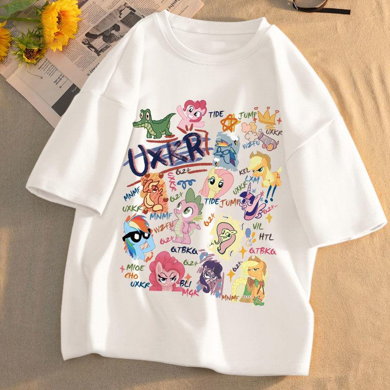 Áo Thun Bé Gái, Cotton Nguyên Chất, ngắn Tay, Phù Hợp Với Trẻ Em Lớn, In Hình Hoạt Hình My Little Pony Sành Điệu, Áo Tay Lửng Phong Cách, Hàng Mới Về Mùa Hè, Ins 5
