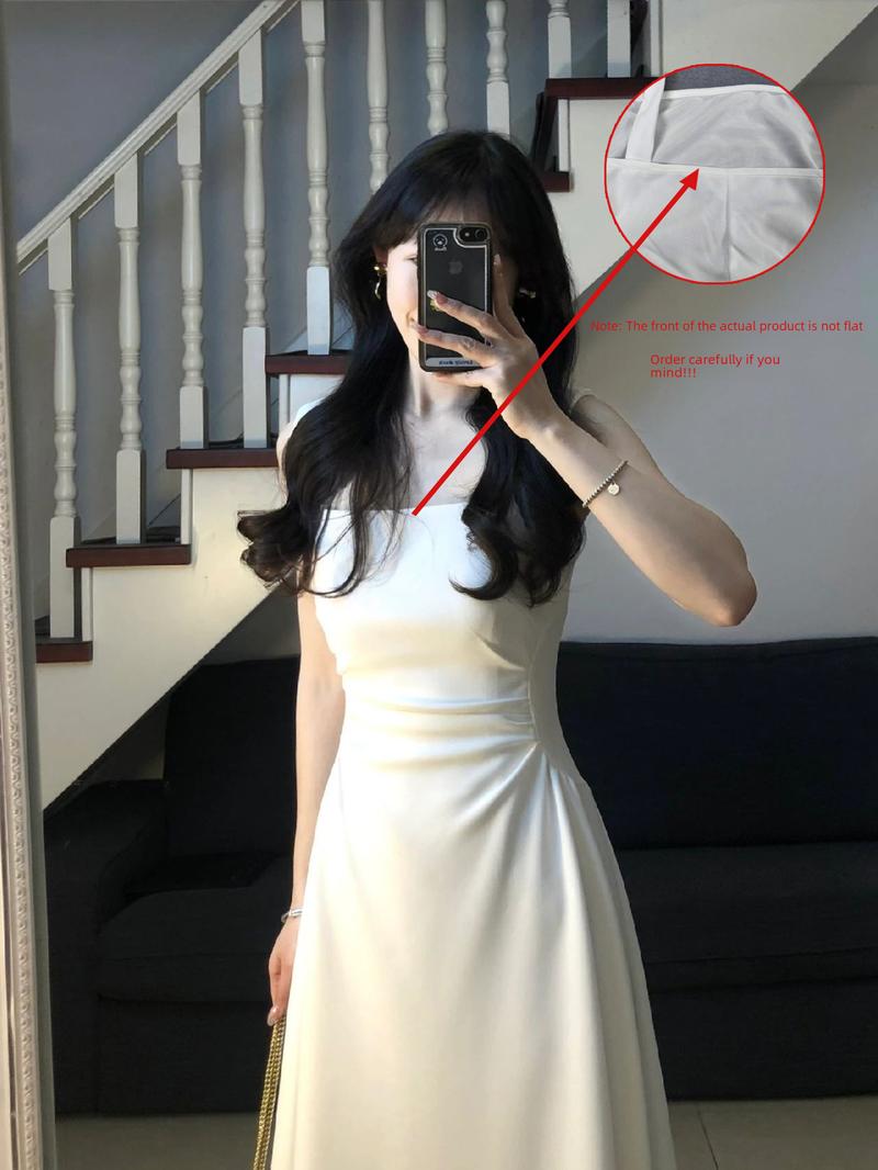 Product Introduction of "French Style White Camisole Dress Women's Summer Cool Square Neck Dress Beautiful Waist A-line Long Dress. Sleeveless, Elegant, Chic, Feminine, Casual, Fashionable." Fabric Womenswear Chinese Style Collar Piece Retro 16