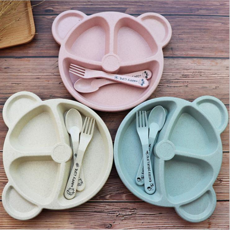 Bộ Khay Ăn Dặm Lúa Mạch Hình Gấu Dễ Thương 3 Ngăn Kèm Muỗng Nĩa Cao Cấp