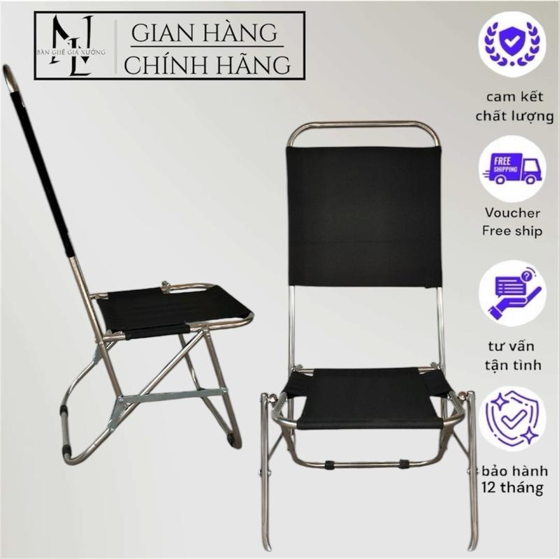 Ghế dù inox lưng cao 80cm màu đen xếp gọn vải bố