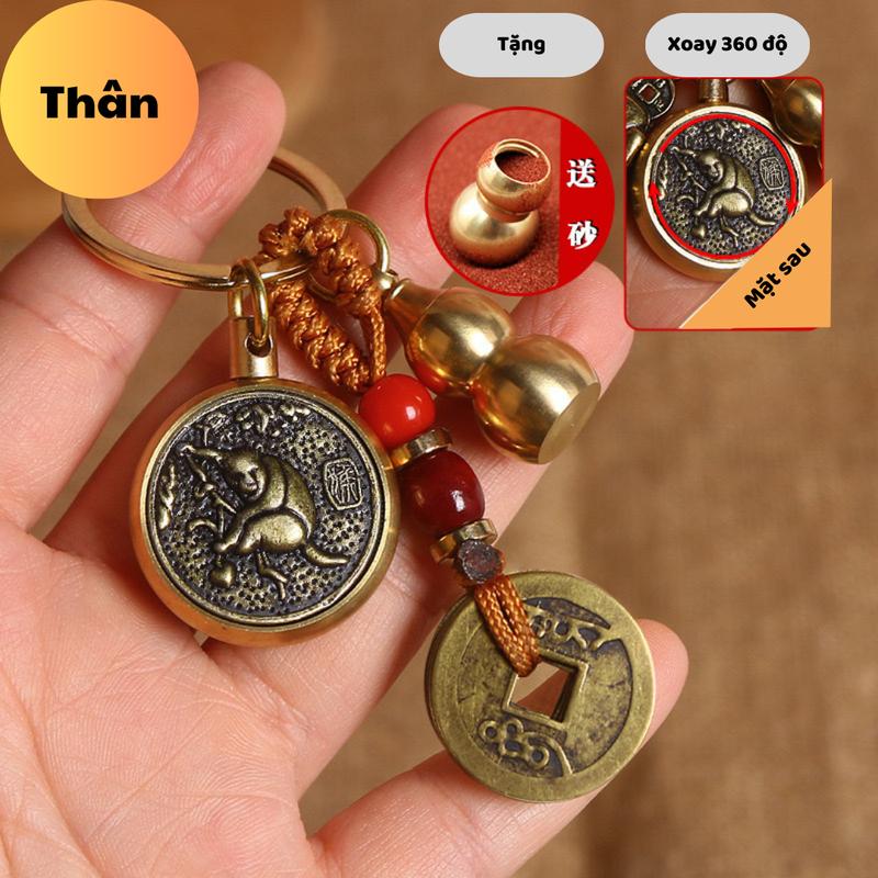Móc khoá Đồng Thau hai mặt 12 con giáp 8 mặt Phật, tặng bình hồ lô, dây 5 Đồng xu, ( cát chu sa và bình hồ lô) Móc Chìa Khoá Móc Khóa Bản mệnh 12 con giáp Nam Nữ móc  khóa 2
