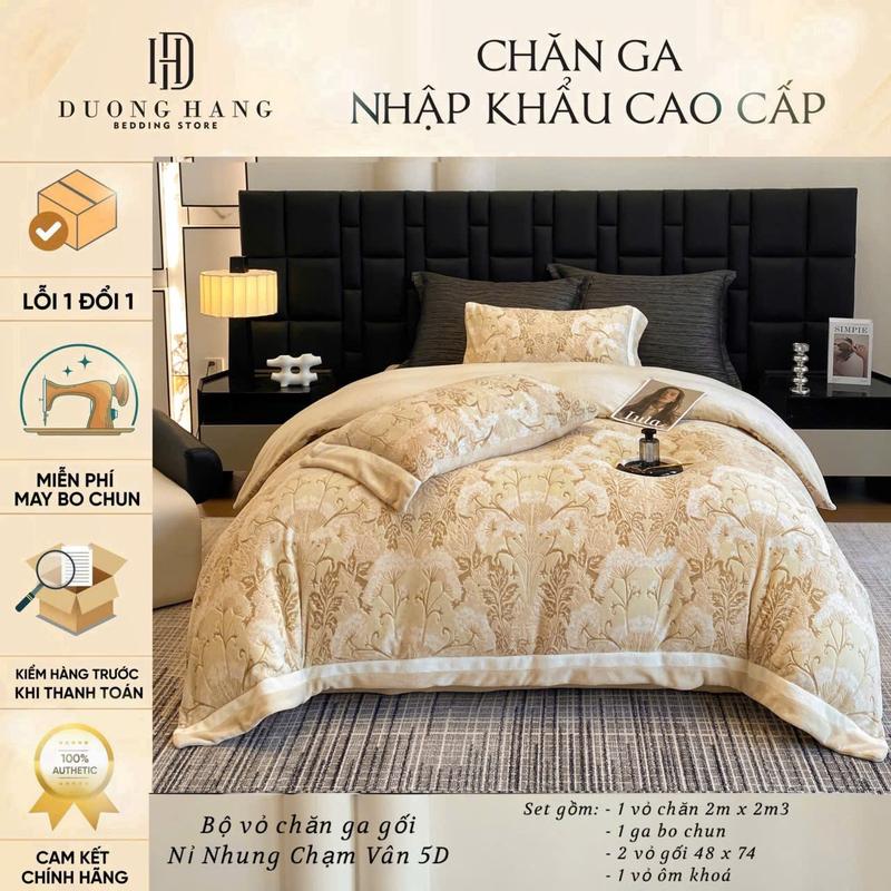Bộ Vỏ Chăn Ga Nỉ Nhung Vân Chạm Nổi 5D - Siêu Ấm Áp Mùa Đông - (Set 5 món: 1vỏ chăn + 1ga giường + 2vỏ nằm +1 vỏ ôm)