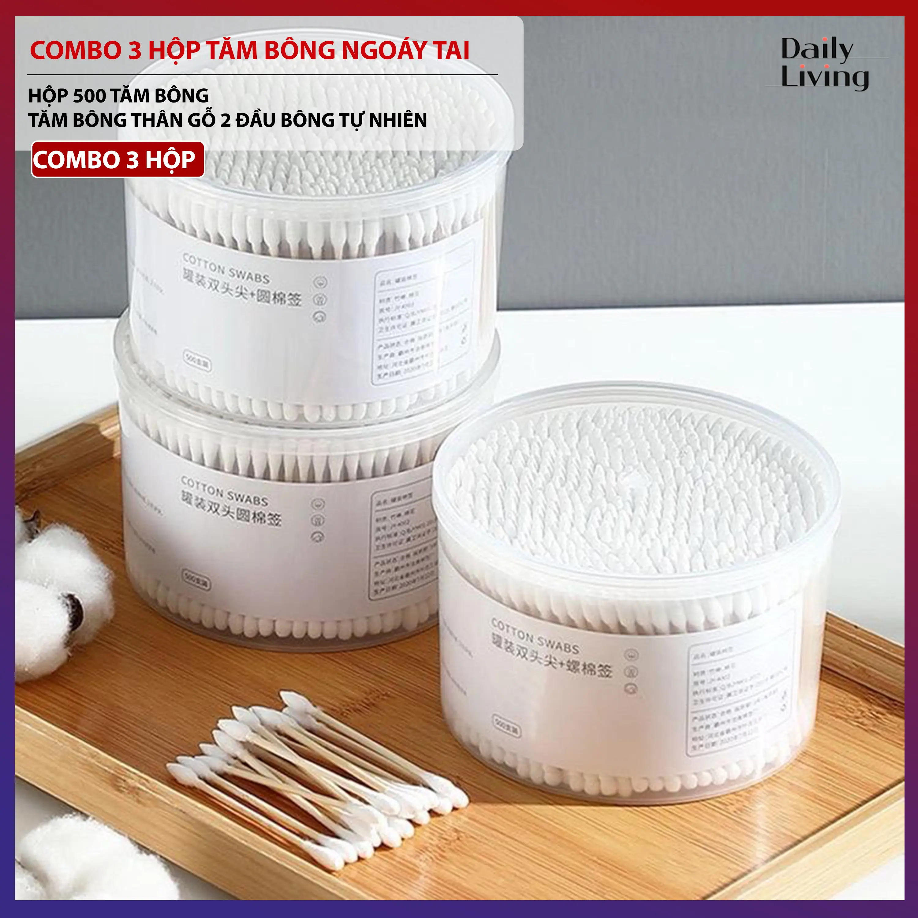 Combo 3 Hộp 500 Tăm Bông Ngoáy Tai Thân Gỗ DLS Tăm Bông Thân Gỗ 2 Đầu Chất Liệu Bông Tự Nhiên An Toàn Lành Tính Tiện Lợi