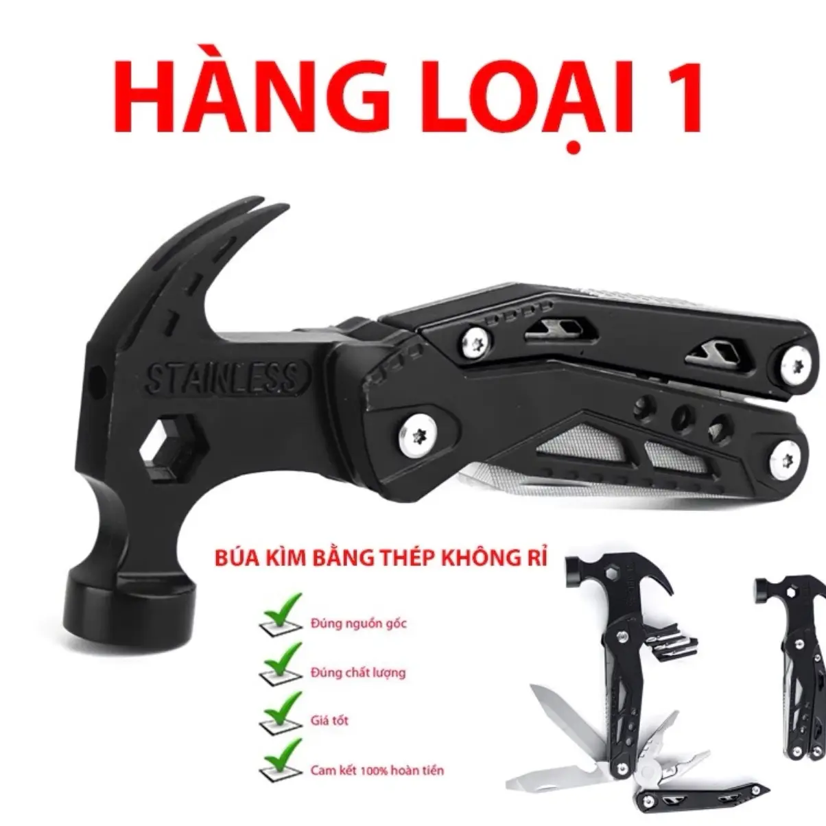 Búa đa năng gấp gọn bằng Thép không gỉ - Búa kiêm kìm, tua vít đa năng 14in1 - Dụng cụ đi phượt, cắm trại