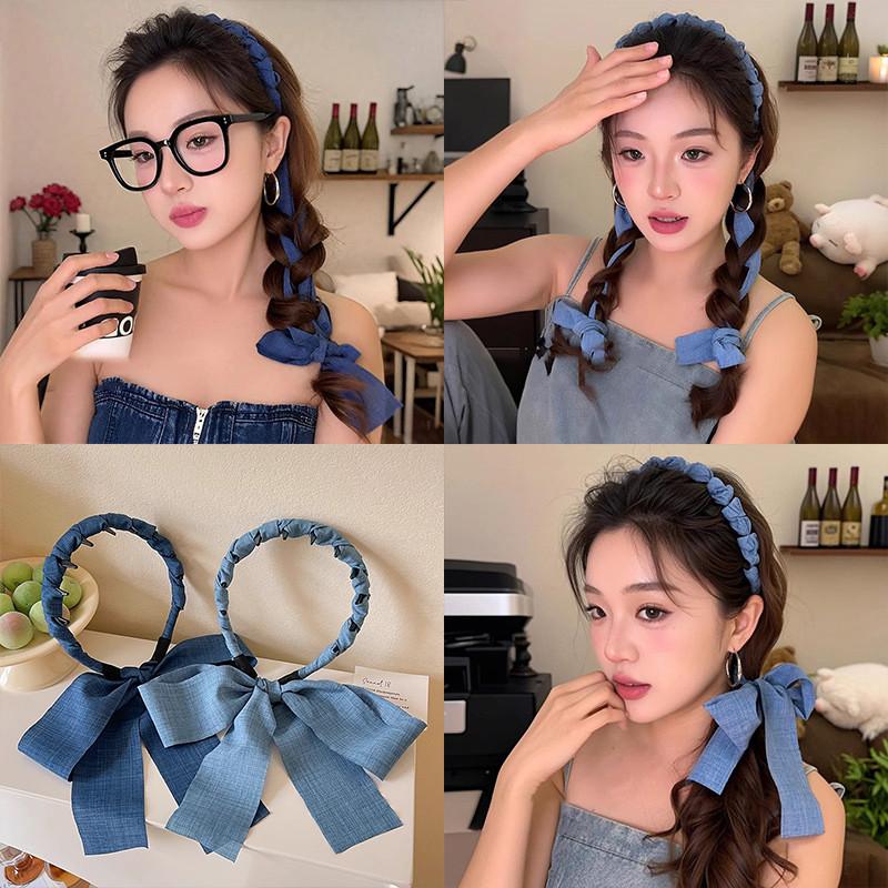 Băng Đô Lược Răng Gợn Sóng Màu Xanh Cao Bồi Dây Buộc Tóc tết Tóc Đuôi Ngựa Ruy Băng Dài Phụ Kiện Cài Tóc Cho Nữ