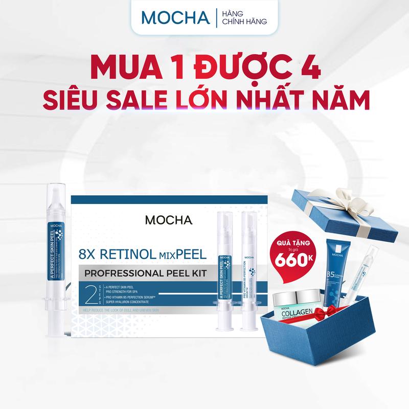PEEL MIX RETINOL MOCHA, thương hiệu: MOCHA, mua 1 được 4, gồm 4 sản phẩm: 1 tinh chất peel mocha, 1 tinh chất phục hồi, 1 sữa rửa mặt b5, 1 dưỡng collagen. Women Skincare Nữ Làm Đẹp Da Chăm Sóc Da