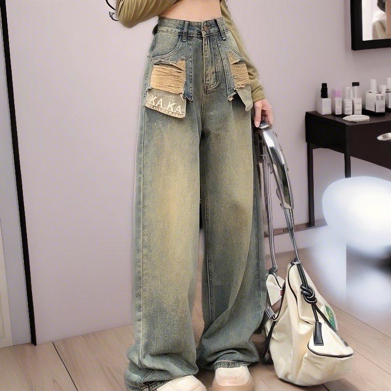 Quần suông ống rộng mài đùi xước túi thêu chữ KaKa Women Pants