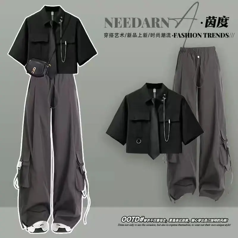Bộ Đồ Ngọt Ngào Và Ngầu Phong Cách Hàn Quốc Của Bé Gái, Phong Cách Preppy, Áo Sơ Mi Bảo Hộ Lao Động, Dễ Phối Đồ, Quần Yếm Ống Rộng, Bộ Hai Mảnh, Mùa Hè 2024