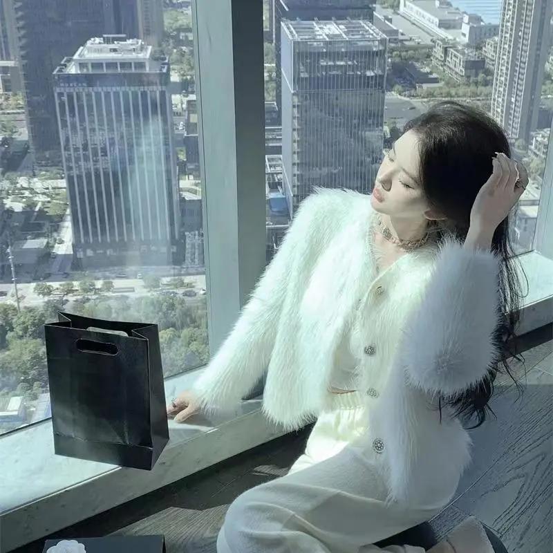 Áo Cardigan Dệt Kim, Lông Chồn Trắng, Dành Cho Nữ, Ngắn Và Dáng Rộng Vừa Vặn, Áo Khoác Len Cao Cấp Lưng Cao Top Women 4