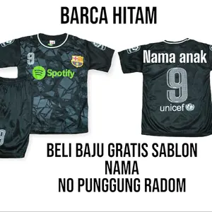 setelan baju bola anak laki-laki dan perempuan baju bola Jersey Barca hitam umur 6 bln - 13 th gratis sablon nama sendiri no punggung random untuk nama nya d kirim lewat chat d toko Outdoor Sport