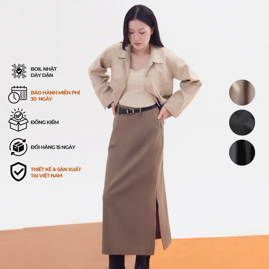 Thekat.shop - Váy midi lưng cao xẻ hông THEKAT.SHOP thiết kế trẻ trung pen trước ôm eo, xẻ cao 35cm thoải mái di chuyển, không nhăn