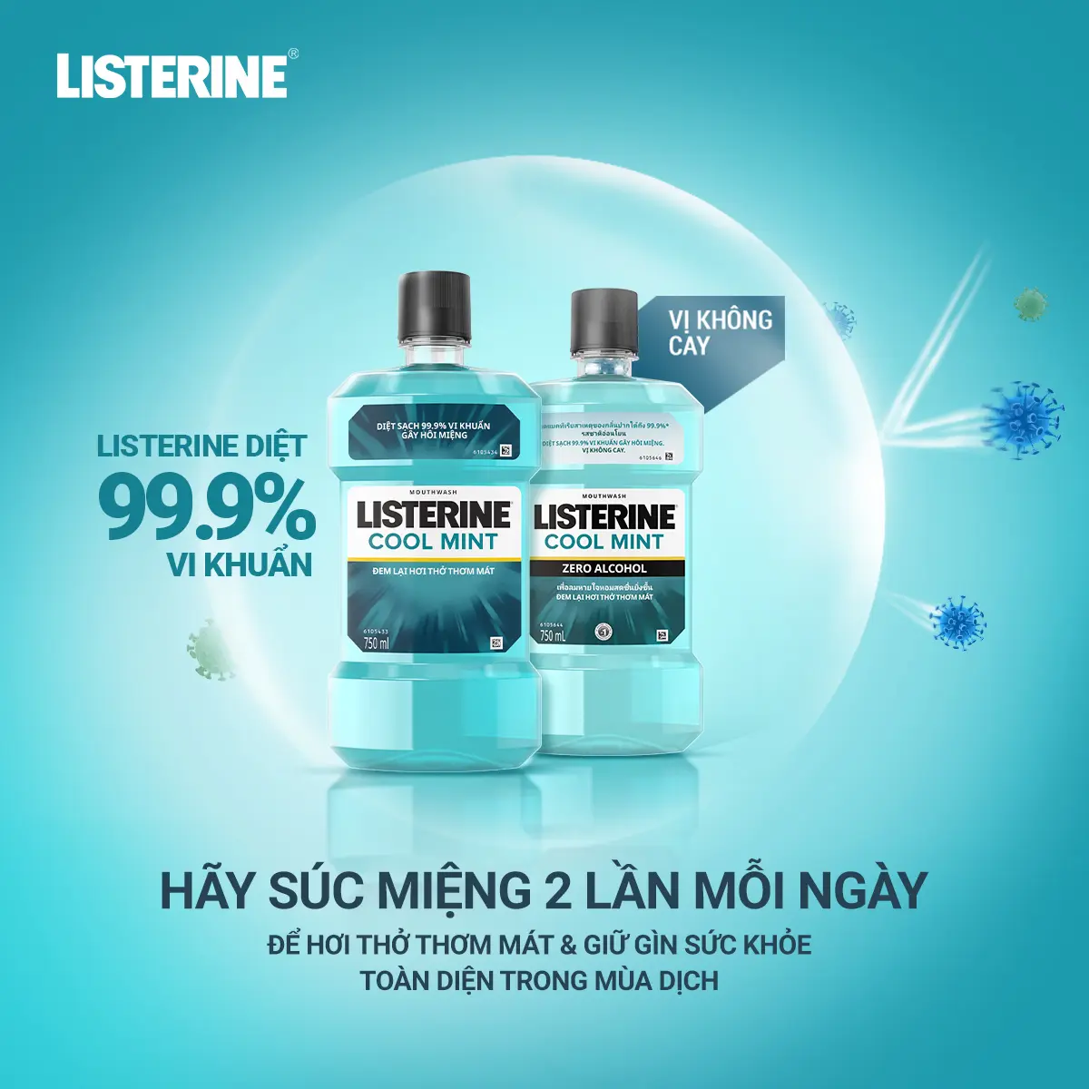 Chính Hãng Long Châu | Listerine Nước Súc Miệng Cool Mint Chai 750ml. Thơm Miệng Diệt Vi Khuẩn