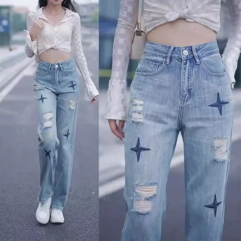 Quần Jean Ống Rộng Thêu Rách, Thiết Kế Độc Đáo Dành Cho Nữ, Hàng Mới Về 2024, Ngoại Cỡ, Dáng Rộng Vừa Vặn, Dễ Phối Đồ, Cạp Cao, Quần Ống Đứng