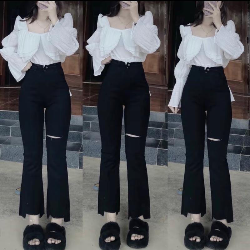  Quần ống loe rách đùi lệch gấu vải bò giấy Women 