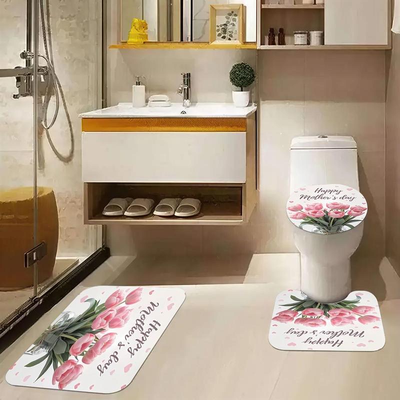Product Introduction of Floral Pattern Bathroom Accessories, 1 Set Including Shower Curtain, U-shaped Mat, Toilet Lid Cover, Bath Mat, Bathroom Decor Supplies 5