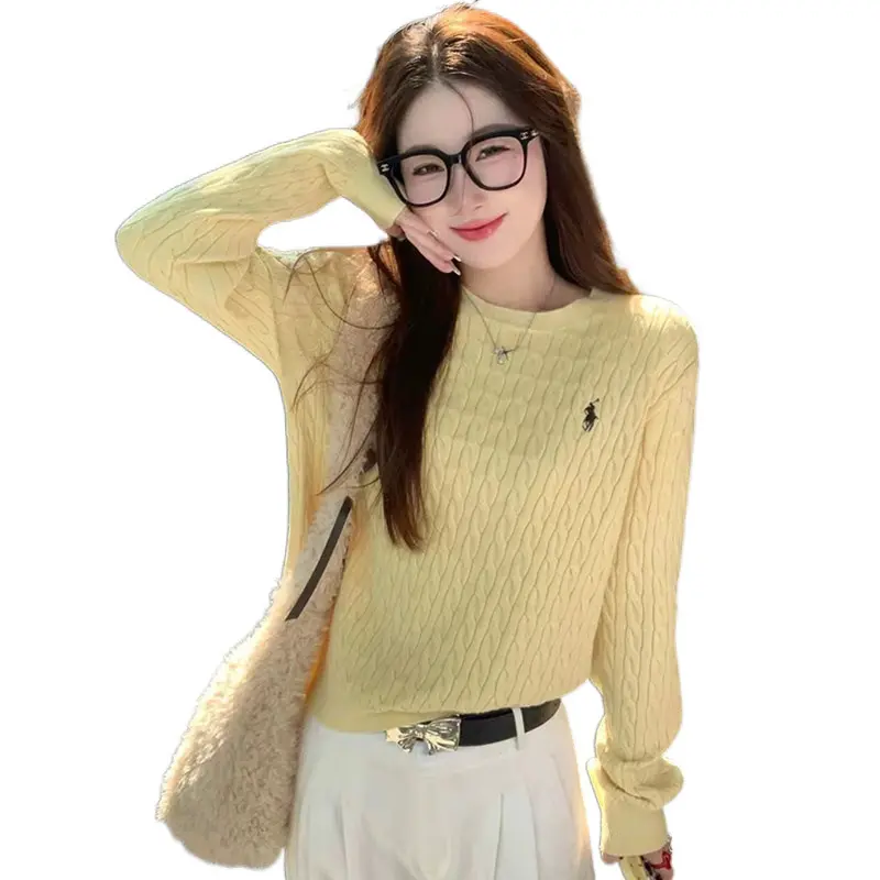 Women's Sweater Autumn and Winter Lazy High-Grade New Cable-Knit Sweater Inner Bottoming Top Embroidery Knitwear Womenswear Basic Longsleeve Lingerie Comfort Round Neck Minimalist Crewneck