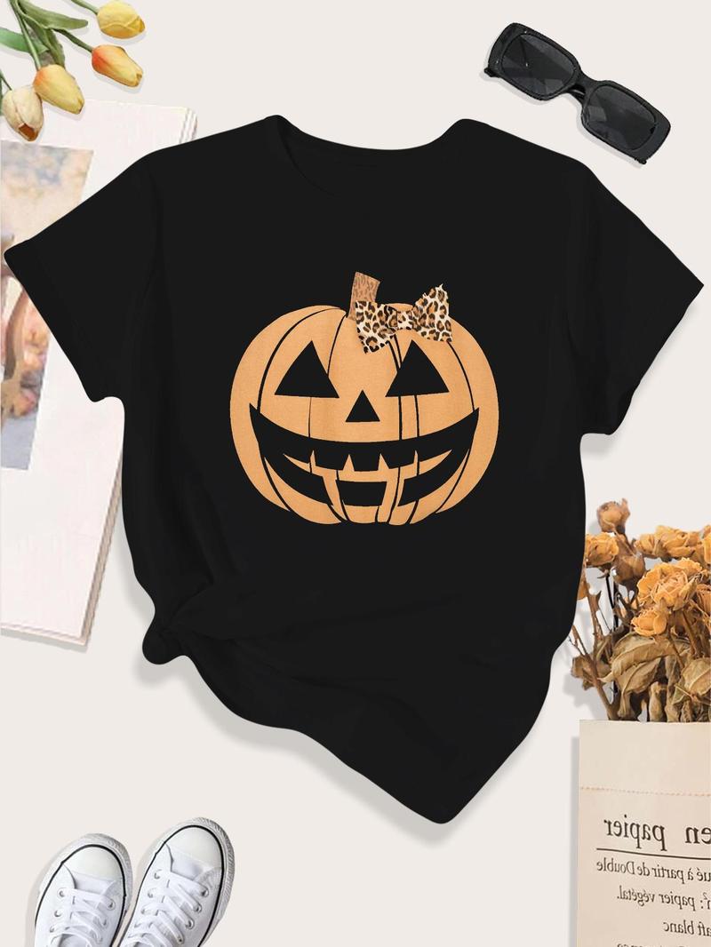 Product Introduction of Women's Bow Pumpkin Print Round Neck Graphic Tee, Fashion Casual Short Sleeve T-shirt for Daily Holiday Vacation Outdoor Wear, Ladies Clothes for All Seasons 7