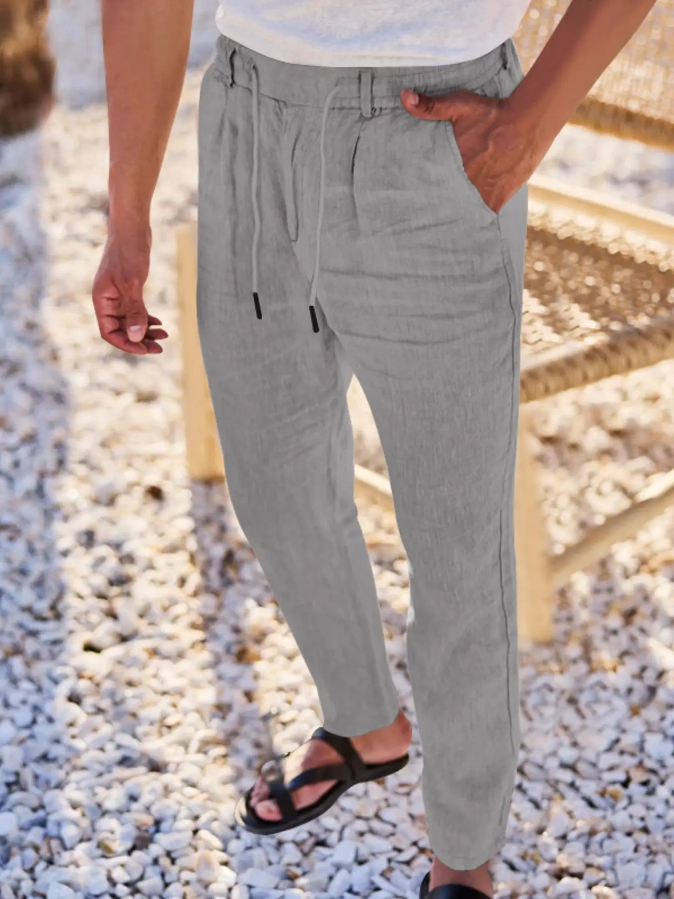 Men's Solid Color Linen Pants, Regular Fit Casual Comfy Trousers for Beach Vacation Holiday, Men's Bottoms for All Seasons