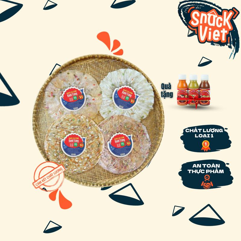 [Tặng chai nước chấm vị ngẫu nhiên] Combo tứ quý khô bánh tráng thơm, giòn 4 vị 350g (cá cơm, cá mai, mực xay, mực nguyên con) - Chiên nướng đều được
