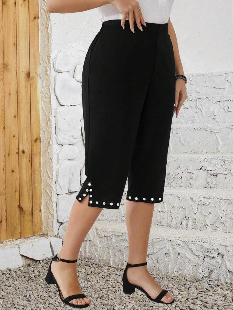 Product Introduction of 【Plus Size】 Rhinestone Decor Capri Pants, Casual Comfy Capri Pants for Summer, Women's Bottoms for Daily Wear 2