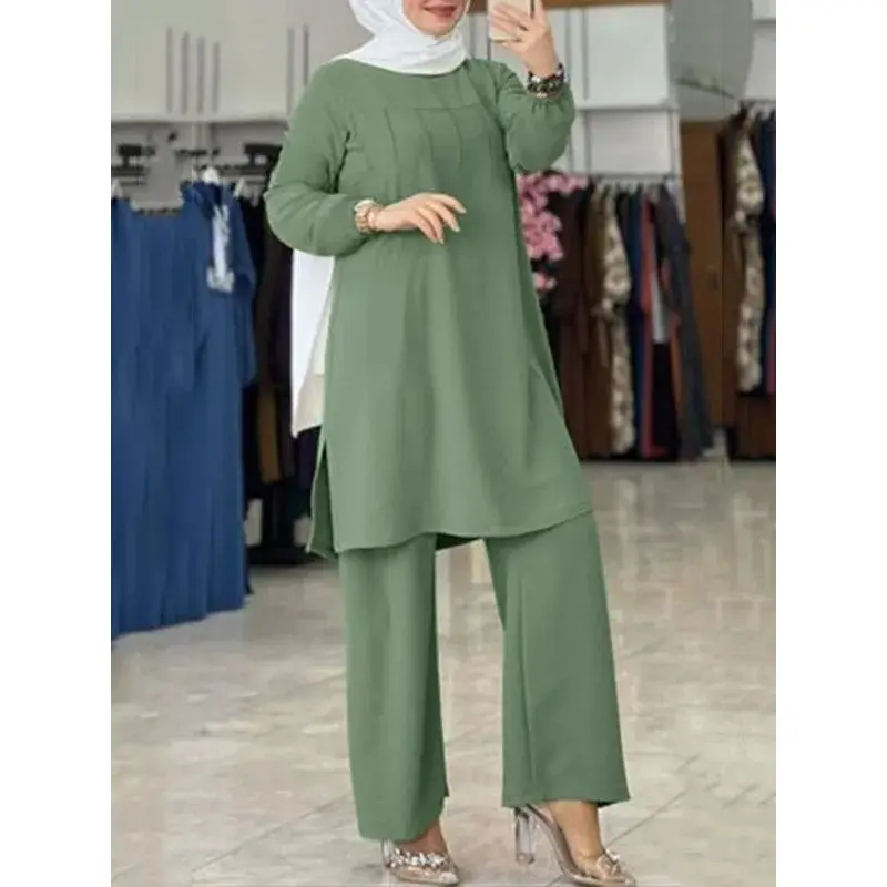 Middle East Solid Color Arab Women's Suit Casual Long-Sleeved Shirt Wide-Leg Pants Two-Piece Muslim Suit Pants