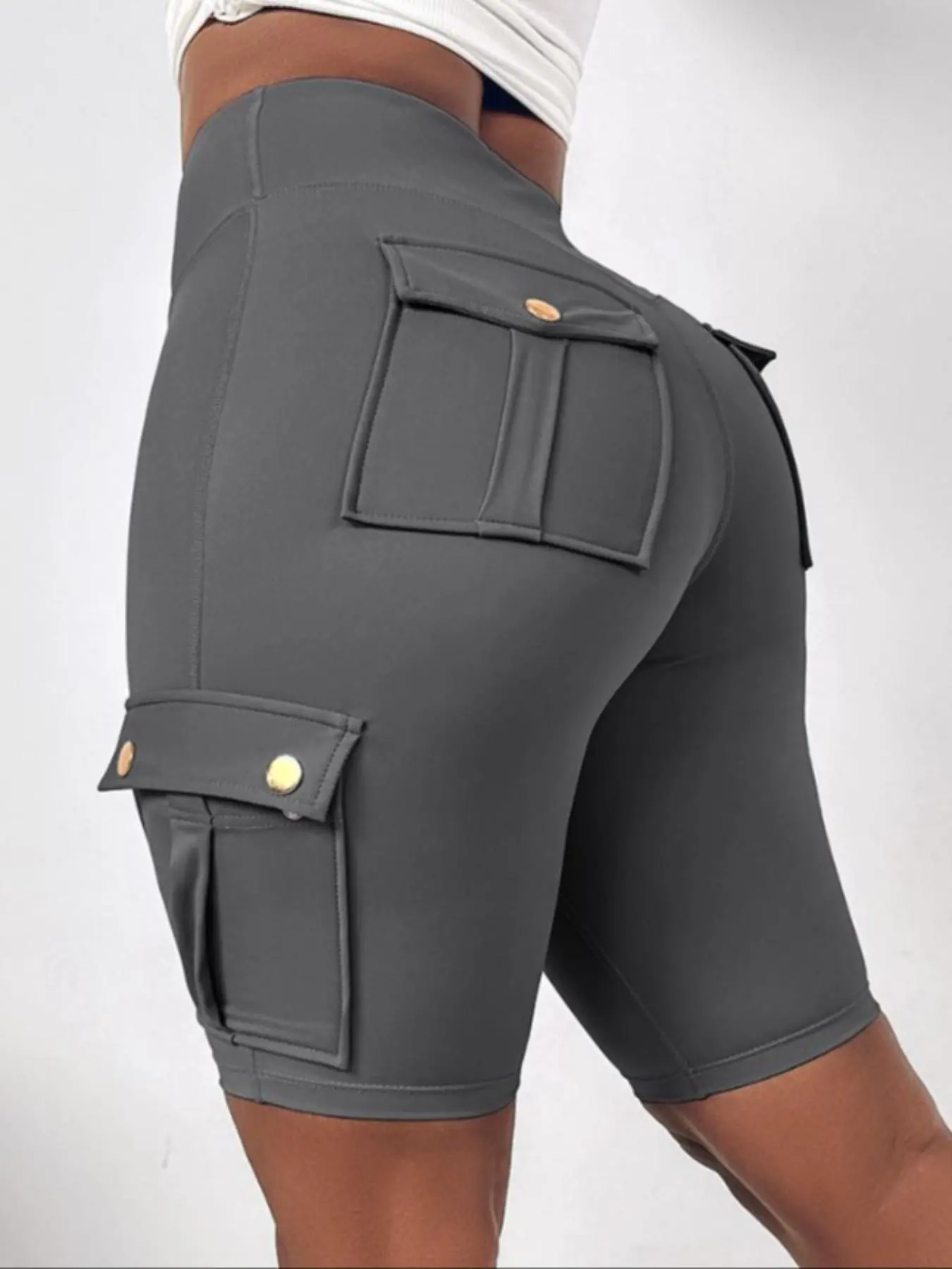 【Plus Size】 Button Pocket High Waist Shorts, Casual Comfy Breathable Skinny Shorts for Women, Women's Bottoms for Summer, Gym Shorts, Plus Size Clothes, Plus Size Women's Clothing
