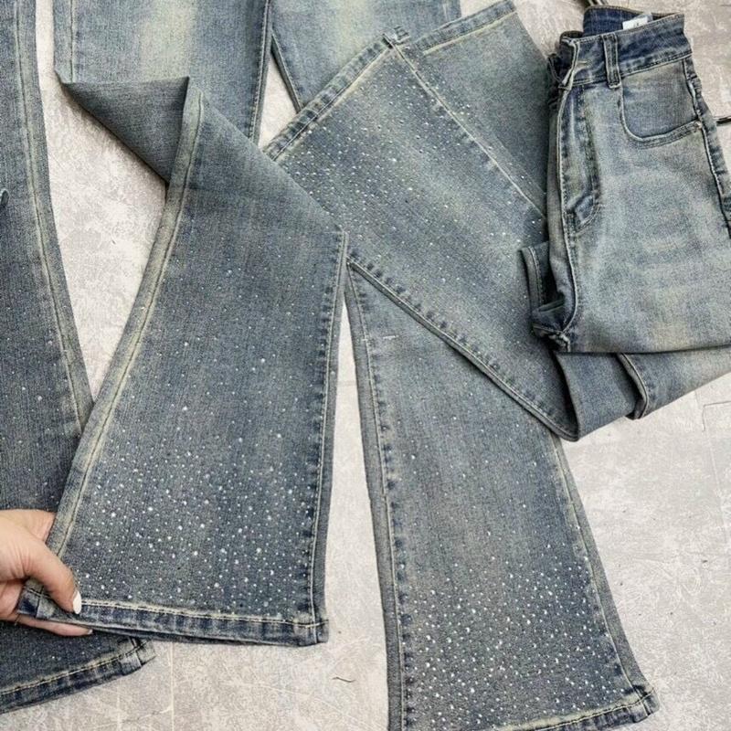 Quần jean nữ ống loe đính đá bling màu xanh bụi, lưng siêu cao hách dáng 3