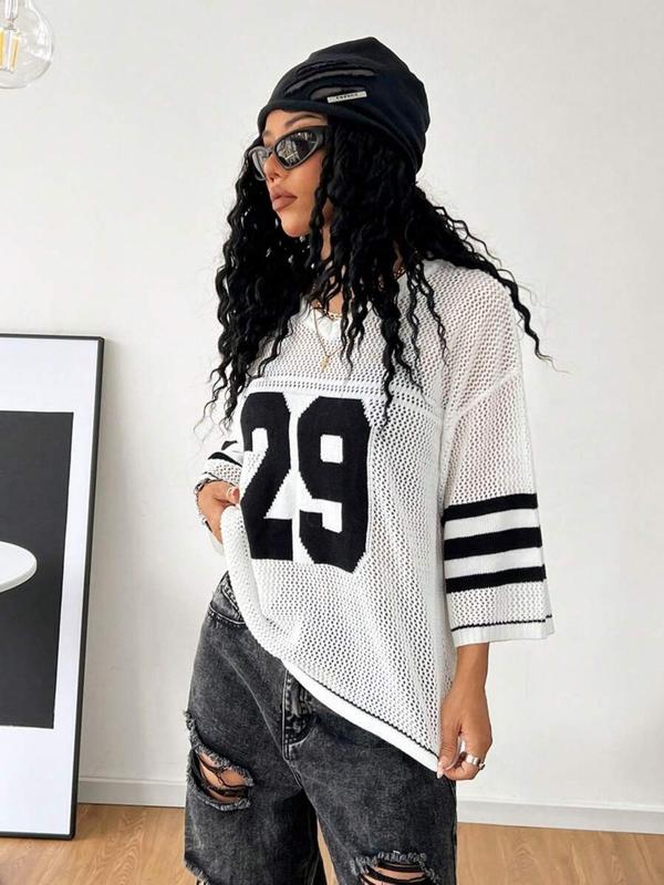 Women's Figure Print Hollow Out Sweater, Casual  V Neck 3/4 Sleeve Jumper for Summer, Fashion Women's Knitwear for Daily Wear 3