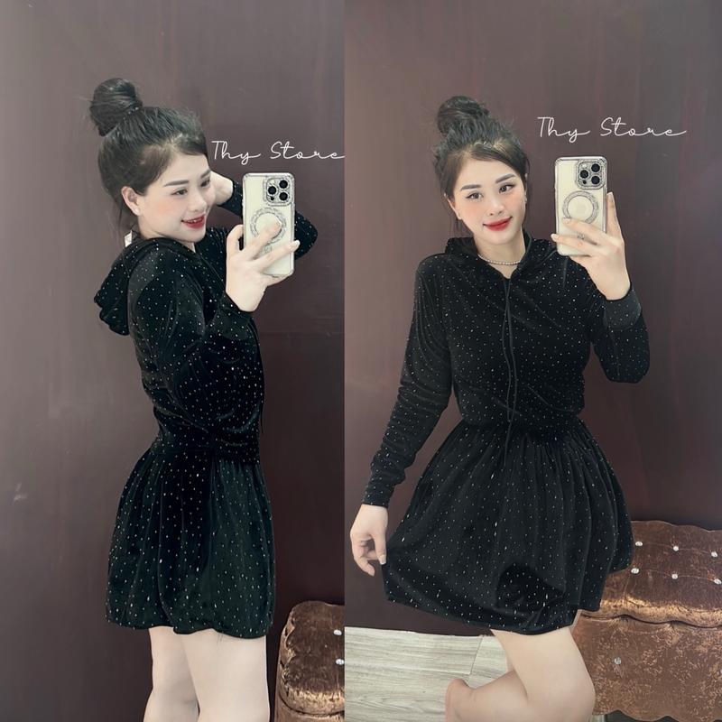  Set nhung ép đá áo dài tay dài đính đá   có nón  kèm chân váy dáng xoè có lót nữ-Freesize <58kg - Top Women 