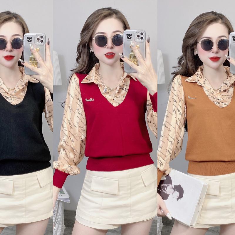 D40 sơ mi phối len, áo dài tay