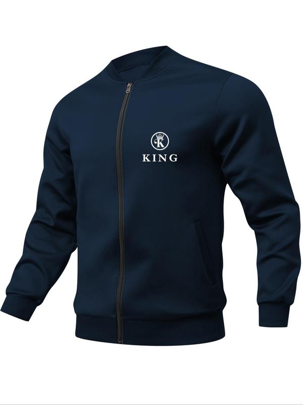 Men's Letter Print Zip Up Baseball Collar Jacket, Regular Fit Casual Long Sleeve Pocket Outerwear for Daily Wear, Fashion Men's Clothes for All Seasons 8