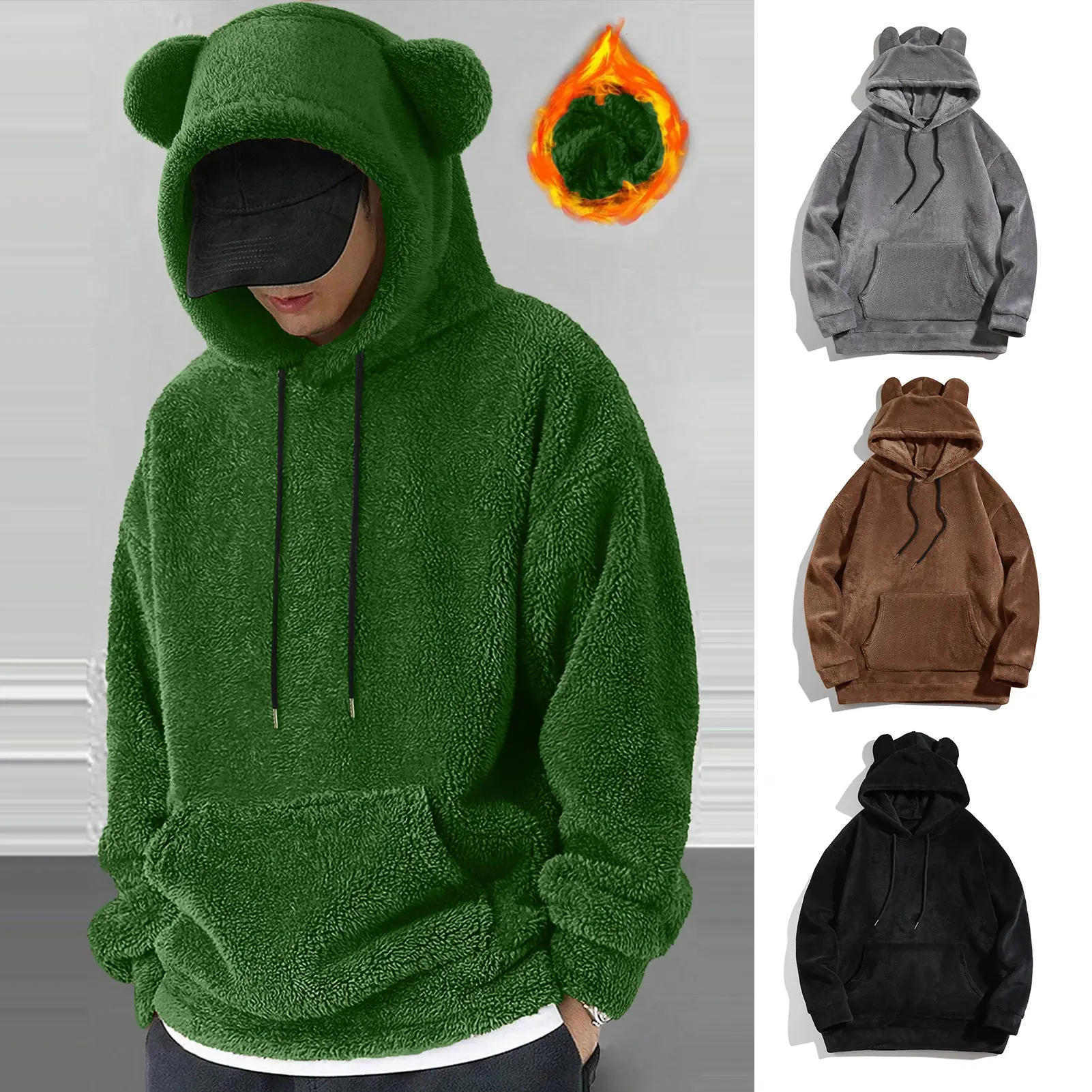 Áo Hoodie Nam Mùa Đông, Với Trang Trí Tai Hoạt Hình, Nhung Hai Mặt, Túi Trước Lớn, Dáng Rộng Vừa Vặn, Tay Áo Dài, Áo Giữ Nhiệt, Với Vòng Bít Co Giãn, Áo Hoodie Thường Ngày Hàng Ngày, [kounis]