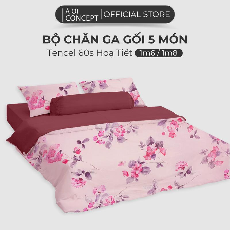 Bộ Chăn Ga Gối 5 Món AOICONCEPT Lụa Tencel 60s Nhiều Hoa Văn Cao Cấp Kích Thước 1M2-2M2 - Bọc Chun May Theo Kích Thước Giường - Gồm Ga Giường Bo Chun, Vỏ Mền, 2 Vỏ Gối Nằm & 1 Vỏ Gối Ôm