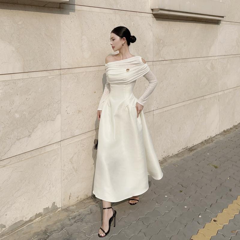 SOLEIL - Váy Đầm Yoon Dress Thiết Kế Nữ Chéo Khoét Vai Chiết Eo Dài Tay Dáng Bồng Tăm Hoa Phối Taffeta Tiểu Thư Sang Trọng Đi Tiệc Đi Chơi Thường Ngày Women VD83 6
