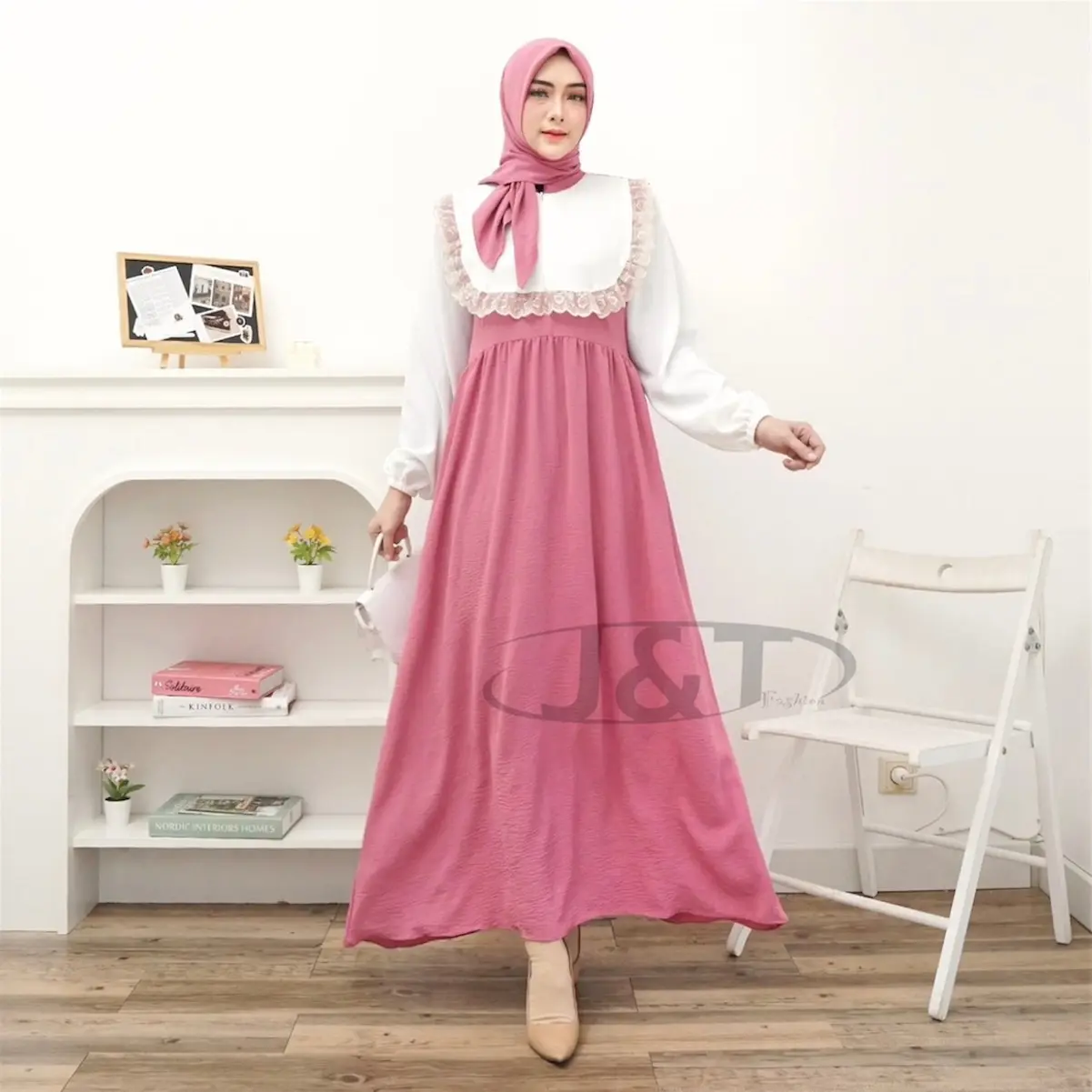 Gamis Angel  + SET HIJAB Swett lengan Panjang NEW model fashion wanita muslim terbaru Kombinasi brukat mix  renda