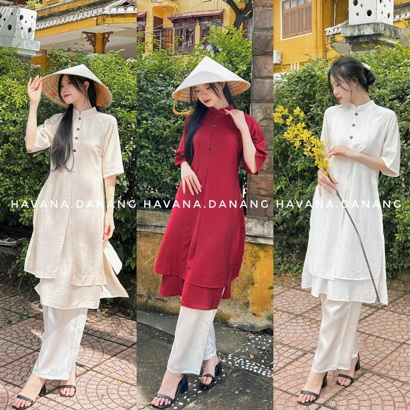(XẢ KHO NGHỈ BÁN) Áo dài tứ thân cách tân nữ đũi trơn phối nút kèm quần lụa HAVANA AE366