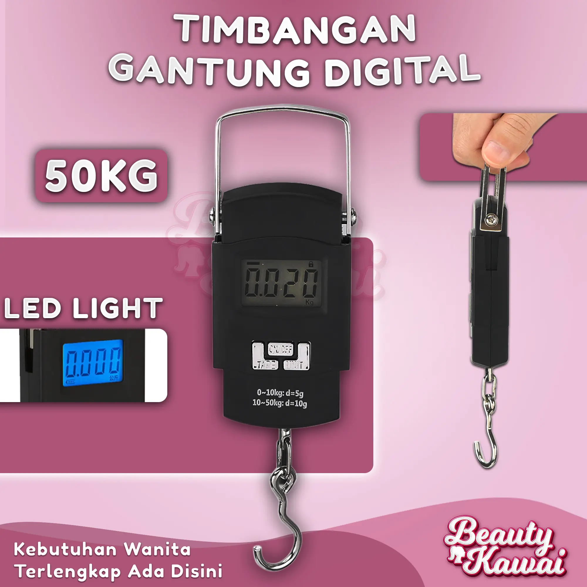 Timbangan Digital Serbaguna 50kg Besi Gantung Bagasi Koper Portable LED Kiloan Beras Ikan