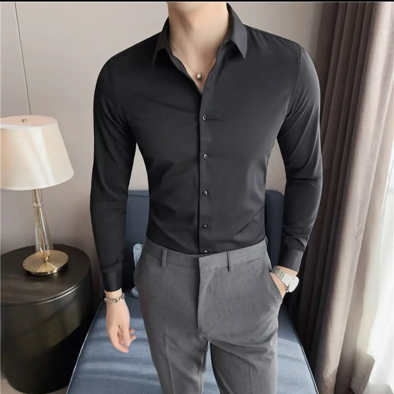 Sơ Mi Đen Trơn Fom Thiết Kế Cao Cấp Áo Menswear Shirt Có Cổ