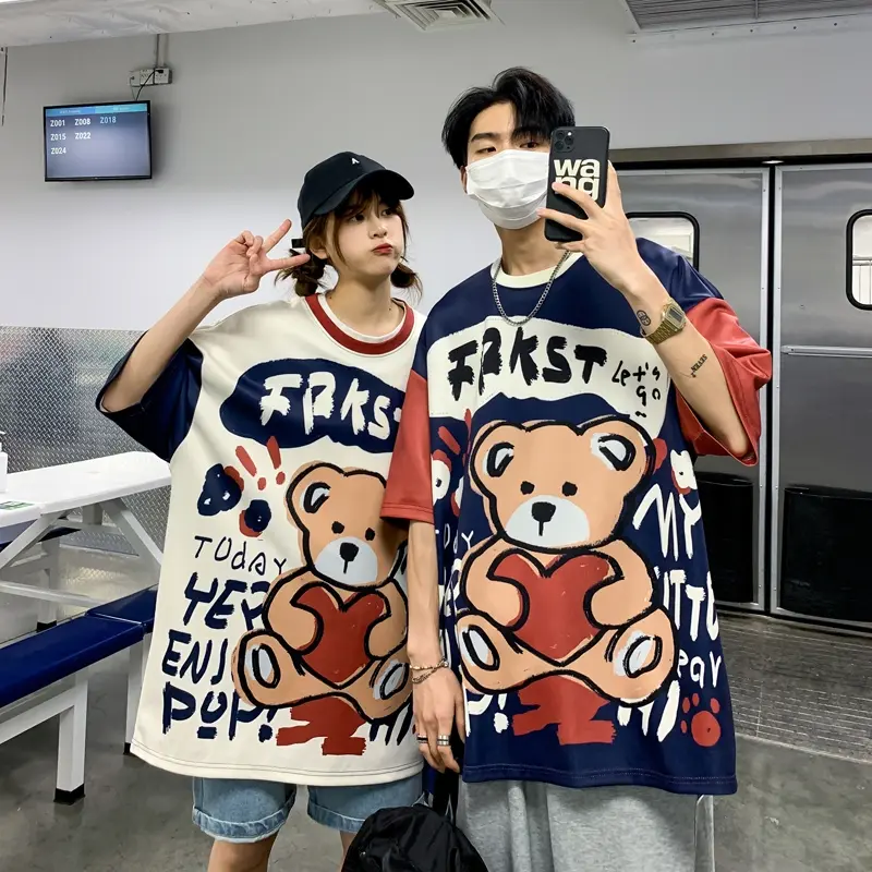 Bear print short sleeve t-shirt women's summer Korean style trend simple half-sleeved top Hong Kong style loose casual couple tee