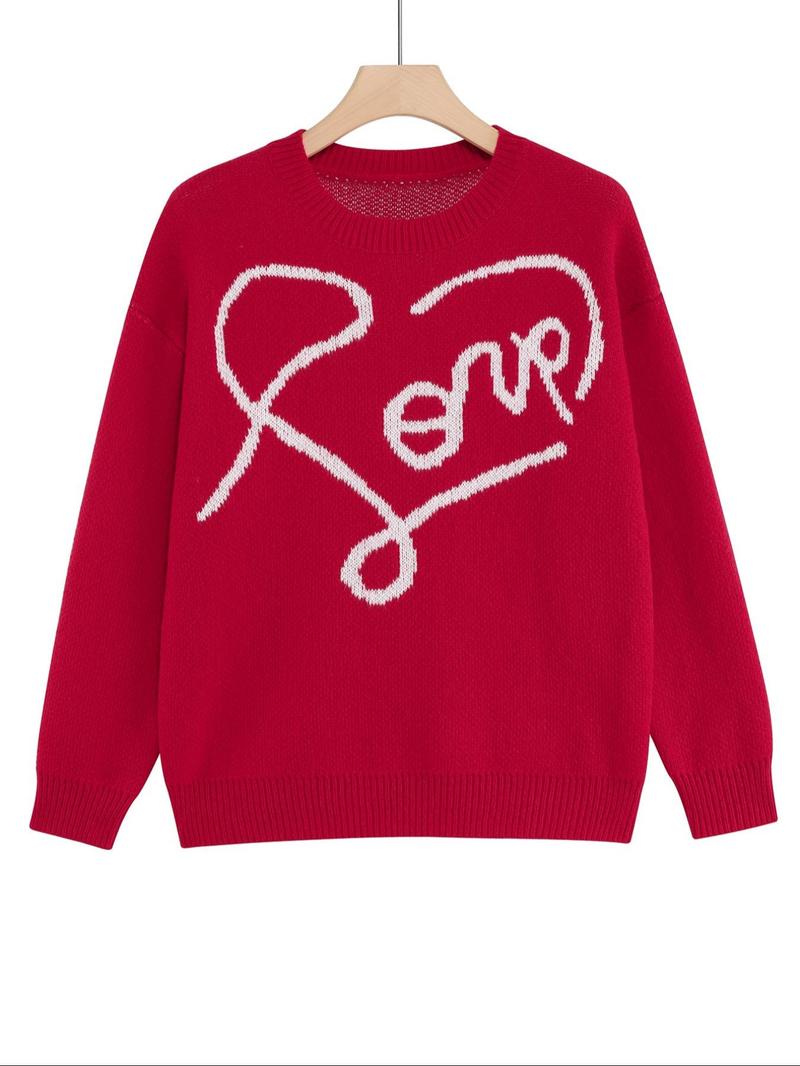 Product Introduction of 【Plus Size】Heart Print Crew Neck Sweater, Casual Long Sleeve Jumper for Daily Outdoor Wear, Women Plus Clothing for All Seasons 3