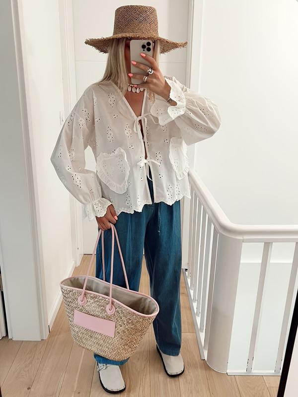 Women's Eyelet Embroidery Shirt, Casual Long Sleeve Top for Summer, Women's Clothing for Daily Wear, Blouse 2