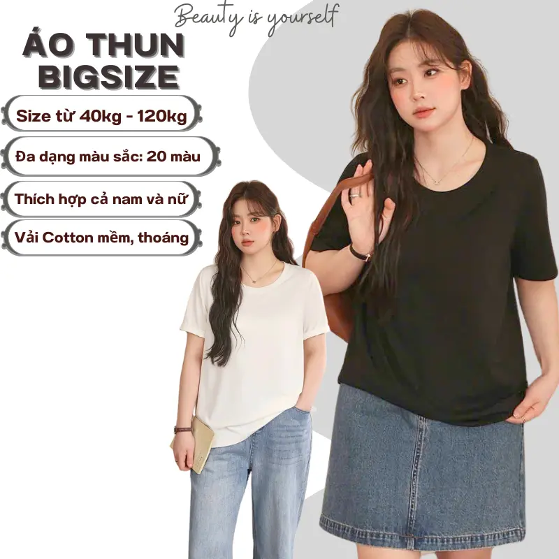 Áo Thun Cổ Tròn Nữ BIGSIZE Vải Cotton 40-120Kg - Women, Top Đen