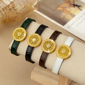 Gelang Kompas, Ketibaan Baru, Diperbuat daripada Kulit Tulen, dengan Tali Tangan dan Tali Corak Buluh, Bertatah Emas Purba, dengan Zirkon, Gelang Bertuah Perak Permata Bangles Barang Kemas