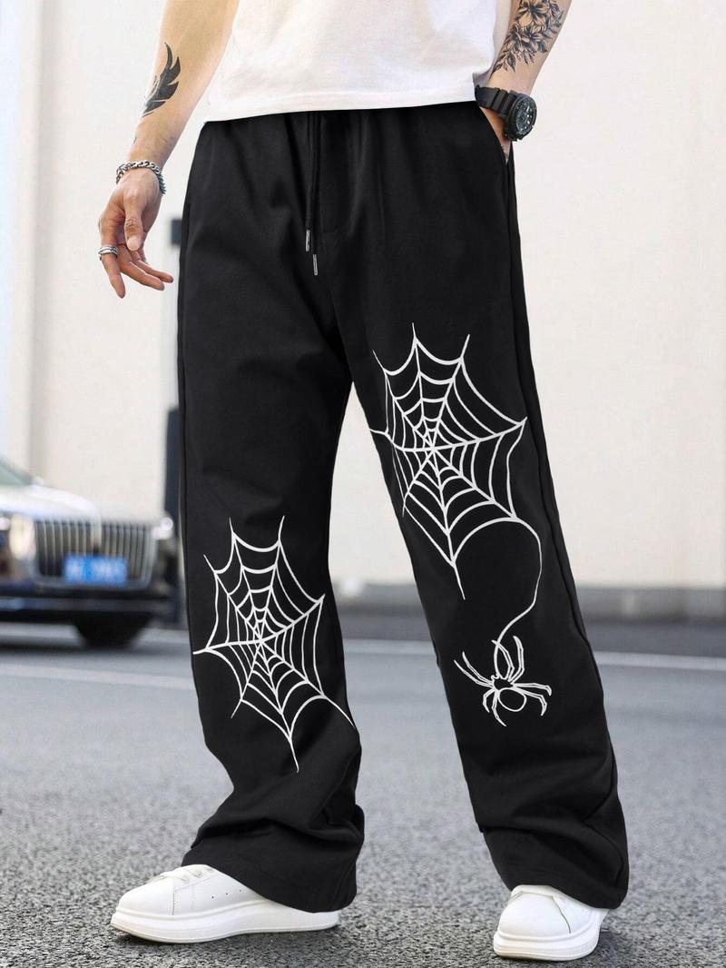 Product Introduction of Men's Loose Spider Web Print Drawstring Waist Straight Leg Pants, Casual Street Pocket Trousers for Daily Wear, Fashion Men's Bottoms for All Seasons, National Day Clothing 12