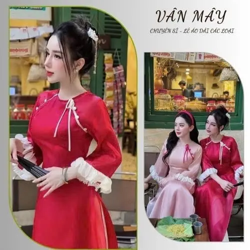 Áo dài tơ 4 tà tay đính hoa điệu đà,xinh xắn,sẵn 2 màu đỏ Hồng,áo dài cách tân