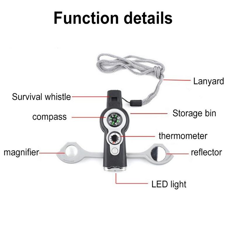 Product Introduction of New Multifunctional Whistle With Compass Lamyard Light Mirror Thermometer Magnifier 7 In 1 Whistle For Climbing Camping Cycling Running Survival Outdoor Tools Equipments 30