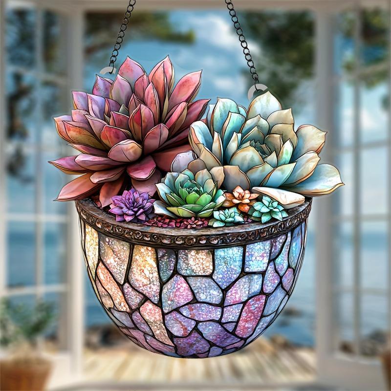 Succulent Plant Hanging Decor, 1 Count Colorful Stained Acrylic Window Hanging Decor, Hanging Ornament for Garden, Patio, Yard, Balcony, Room Decor 2