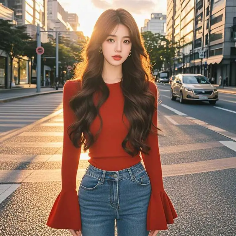 Áo Tay Loe Màu Đỏ, Độc Đáo Và Tuyệt Đẹp, Dành Cho Nữ, Bộ Sưu Tập Mùa Xuân, Cao Cấp Và Thanh Lịch, Mỏng Vừa Vặn, Áo Lớp Nền Top Women 3
