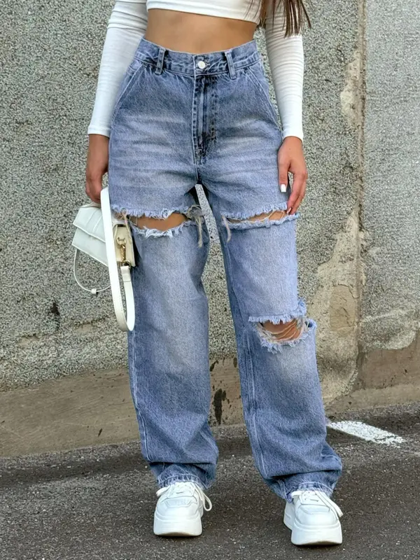 Women's Ripped Denim Jeans, Y2k Casual Fashion Baggy Pants for Daily Wear, Ladies Bottoms for All Seasons, Womenswear 6